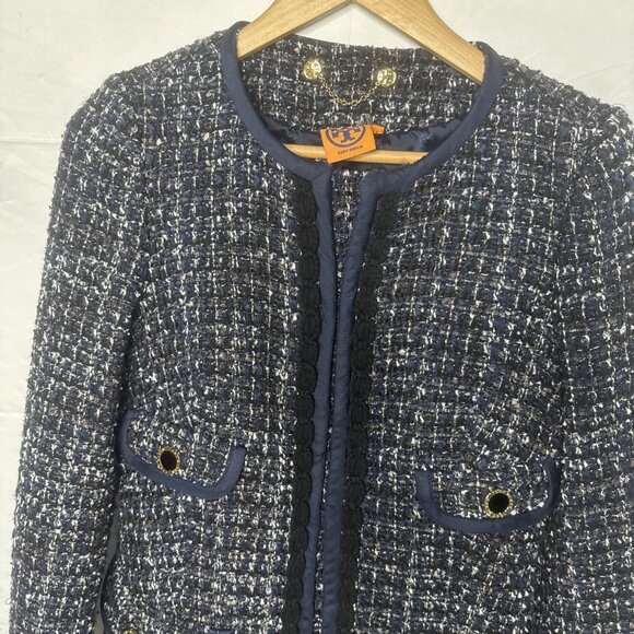Tory Burch Anabelle Tweed Blazer Jacket Sz 2 Blue Black Gold Buttons academia - Picture 2 of 13